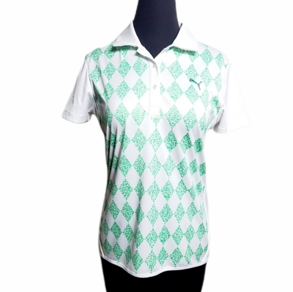 Puma green white diamond print cool cell golf polo shirt women's medium